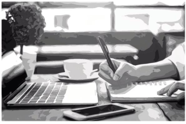 black and white watercolour effect image of a woman's arms poised over a notebook and looking at a laptop 